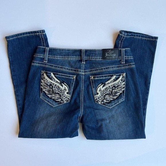 Love Indigo Denim - Y2K Love Indigo Low Rise Capris with Angel Wing Embellished Pockets
